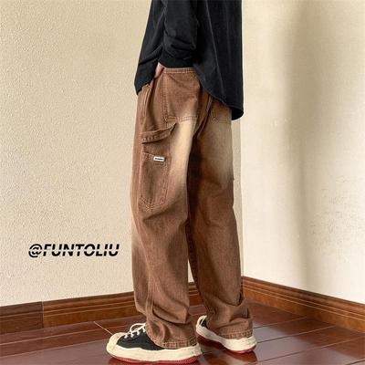 Men's American Retro Brown Wide-Leg Jeans: Versatile, Loose-Fit, High-Street Autumn Overalls