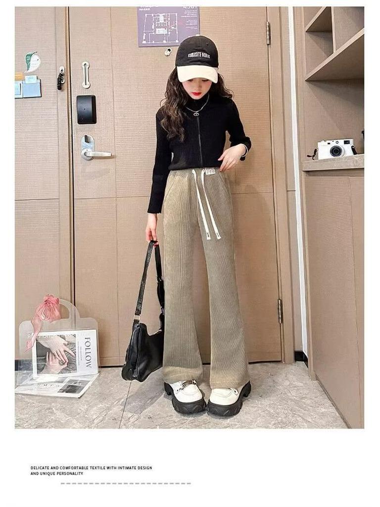 Girls' Black Plus Velvet Straight-Leg Sweatpants - New Autumn/Winter 2025 for Junior High Students
