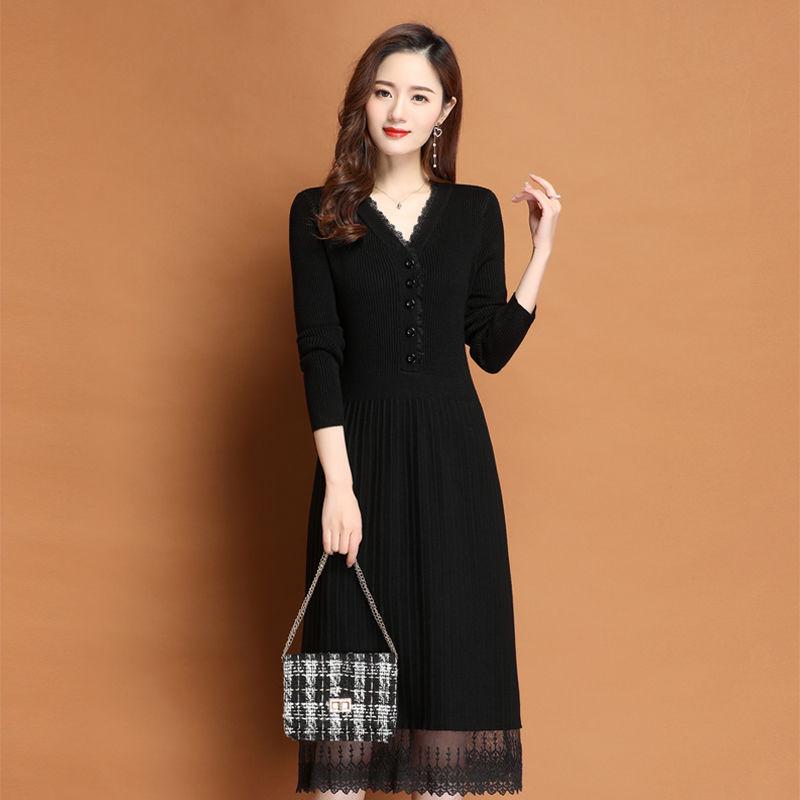 SCIONE Lace V-neck Sweater Skirt Temperament Mid-length Slim Bottom Skirt All-match Knitted Dress Women