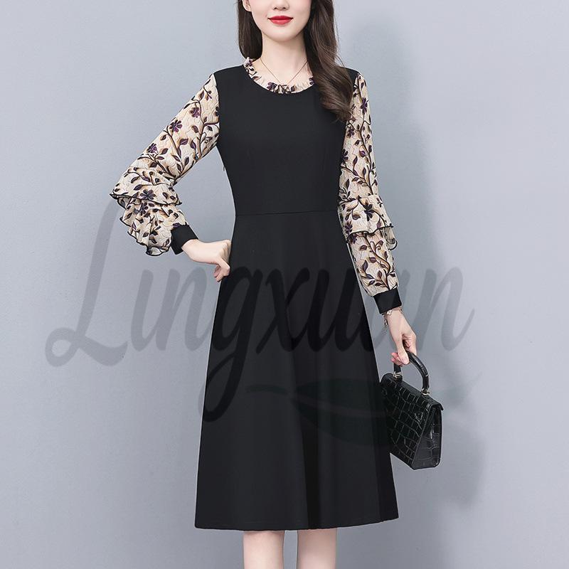 

Plus Size Chiffon Printed Two-Piece Look Dress - Long Sleeve, Slimming, Mid-Length for Spring and Autumn. 3XL чёрный
