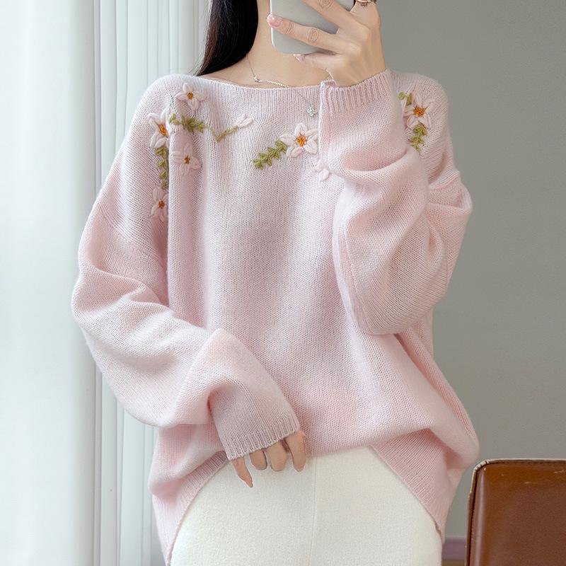 Blue Off-Shoulder 3D Flower Wool Sweater for Women