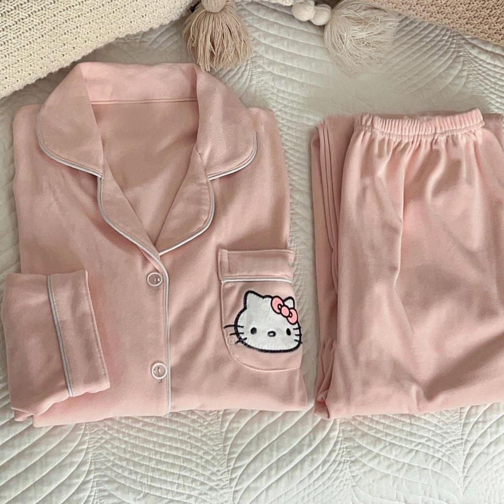 Dámské sametové pyžamo Hello Kitty - Korálový fleece, Hřejivé, S dlouhým rukávem, pro Podzim/Zimu na Doma.