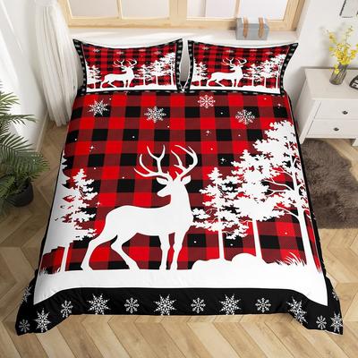 Red Plaid Elk Three-Piece Quilt Cover 3D Digital Printing Bedding Set Bed Cover