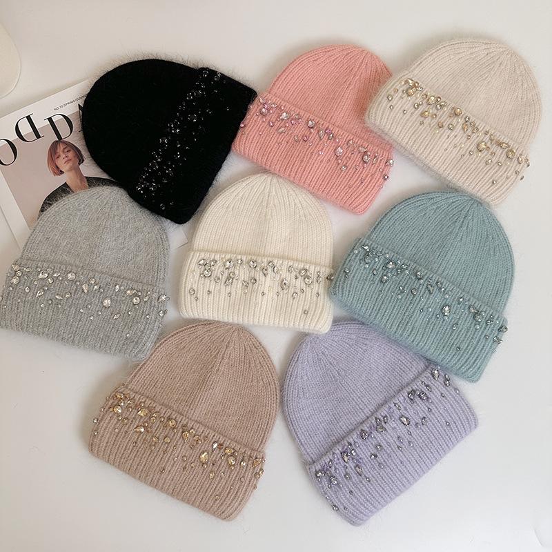 Knitted Hat Women's Winter Thickened Warm Ear Protection Hat Rhinestone Wool Hat Winter Hats for Women, Beanies for Women, Hats for Women Winter