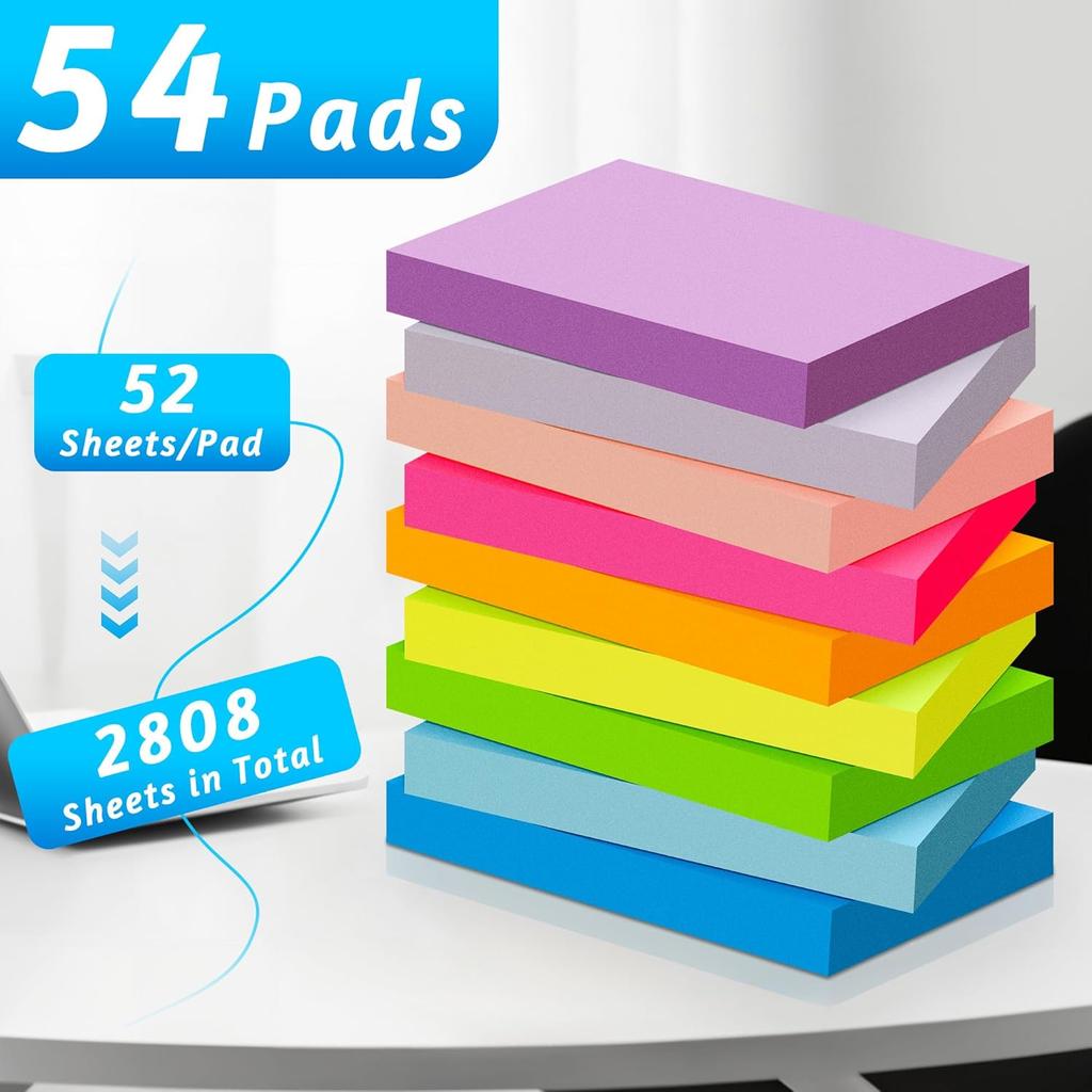 (54 Pads) Mini Sticky Notes 1.5x2 in, 9 Colors Bright Strong Adhesive Post, Suitable for School, Home, Office, Clean Removal