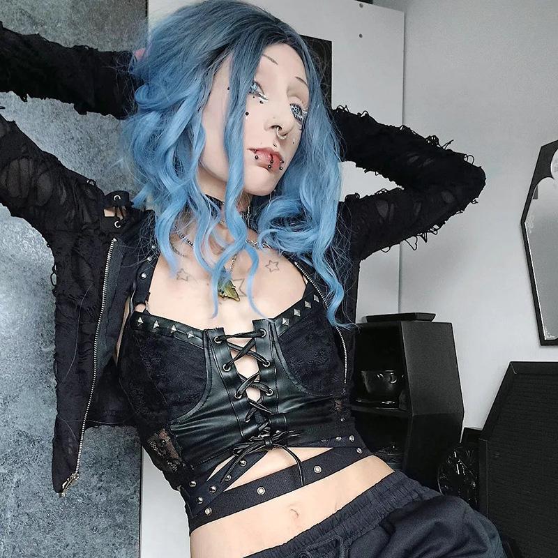 

Готические майки для женщин Y2k E-girl уличная одежда из искусственной кожи на шнуровке укороченные топы на бретелях эмо альтернатива гранж-рейв наряды