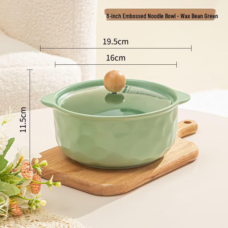 Creamy Style Double-Handle Ceramic Noodle Bowl with Lid