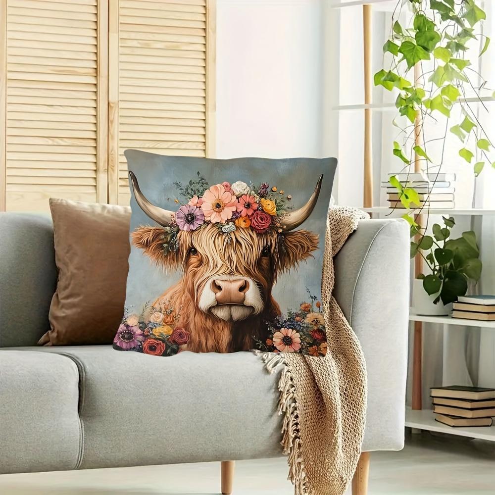 1Pc Boho Cow Floral Decor Pillow Cover - 18"X18" Polyester, Highland Cow With Vibrant Flower Crown Design, Zip Closure, Hand Was