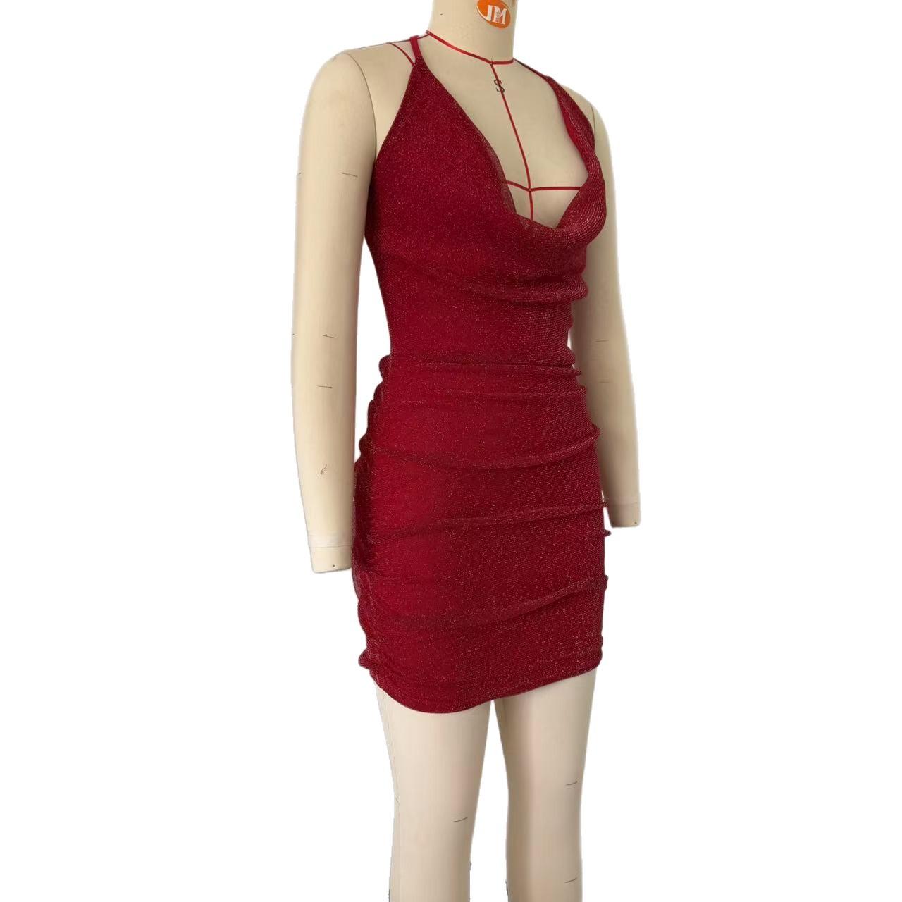 

European and American style new women s clothing fashionable and sexy neck-hanging low-cut backless slim-fitting hip-wrapping party dress dress L