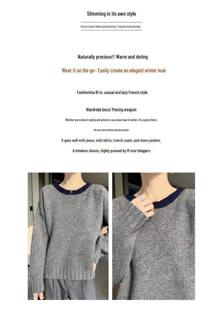 Women's Color Block Pure Wool Round Neck Knit Sweater - Slimming, Loose Fit, Autumn/Winter Style