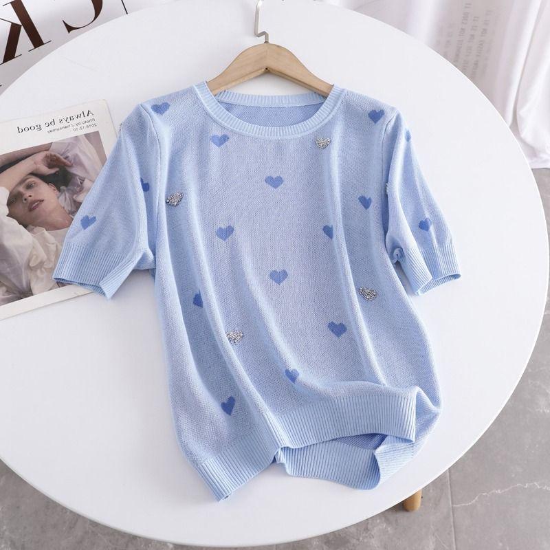 

Spring 2025: Versatile Knitwear - Casual Round Neck Short Sleeve Top XL синий