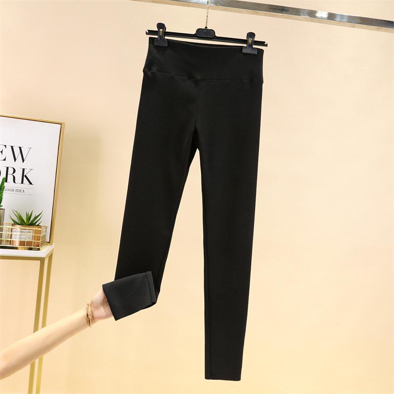 Women's High-Waisted Fleece-Lined Seamless Cotton Trousers – Warm, Tight-Fit, Thickened Base Layer for Autumn/Winter