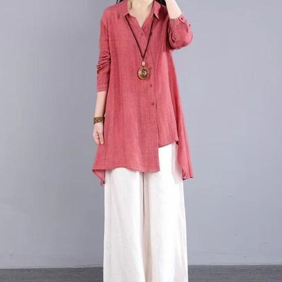 Damenhemd Revers Langarm Einreihig Hemd Oberteile Unregelmäßiger Saum Einfarbig Mittellang Freizeit-Hemd