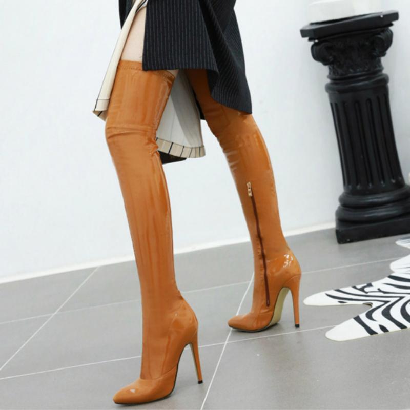 Stivali alti fino alla coscia sexy da donna, alla moda, neri, sopra il ginocchio, stivali alti, scarpe fetish, in pelle PU, punta affilata, tacco alto, scarpe lunghe, sottili