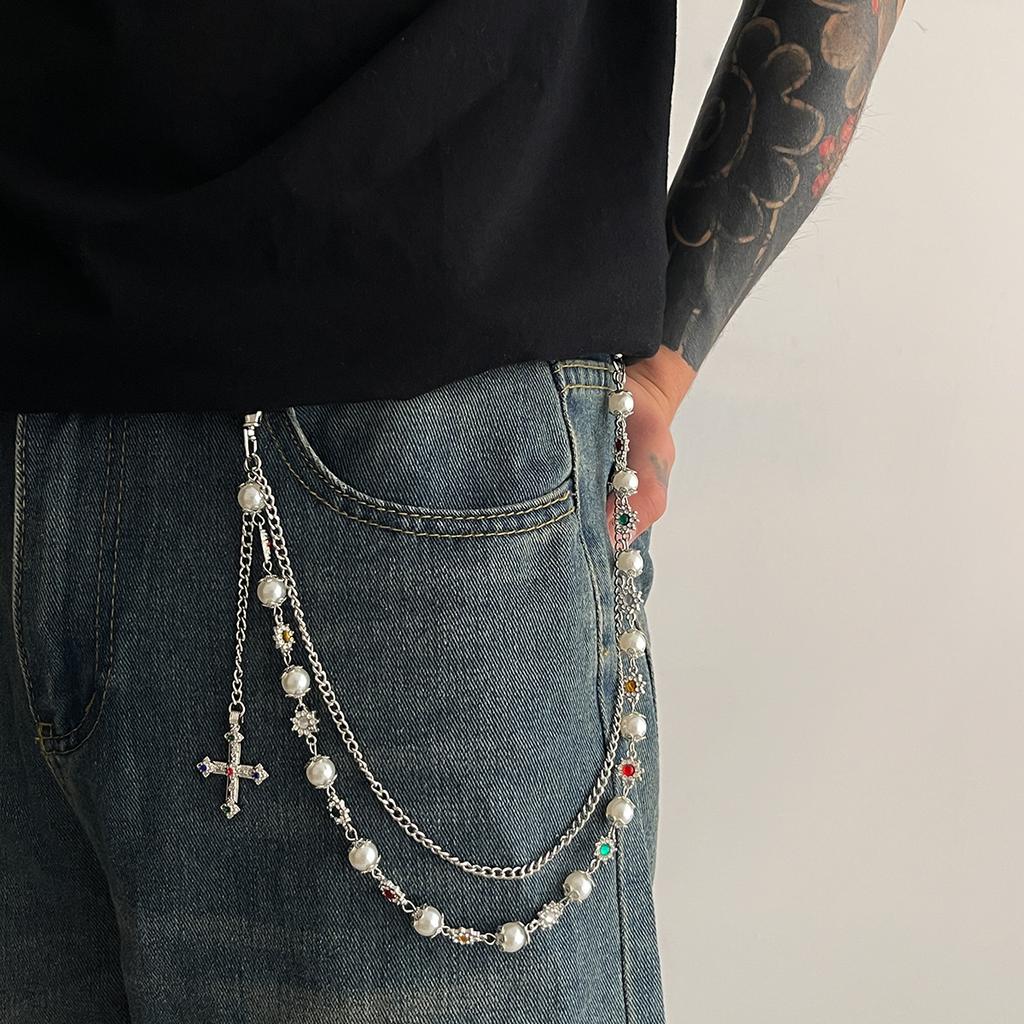 Salircon New Exquisite Luxury Cross Pendant Imitation Pearl Keychain Belt Chain Men Punk Trousers Jean Chain HipHop Jewelry Gift