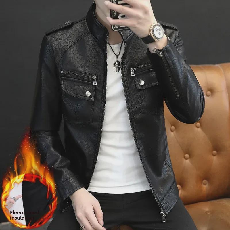 Men's Fashion Stand Collar Leather Motorcycle Jacket with Multi-Pockets for Autumn and Winter