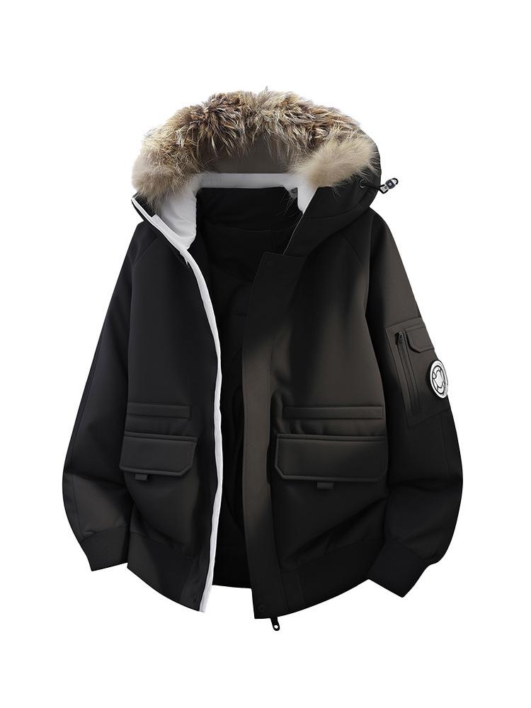 Men's Unisex Windproof Winter Workwear Down Jacket with Warm Hood & Large Fur Collar