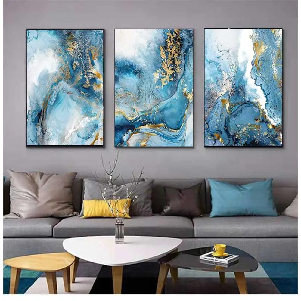 3 Pcs Gold Foil Blue Marble Texture Luxury Poster Prints Pictures Teal Watercolor Wall Art Canvas Painting for Modern Home Decor