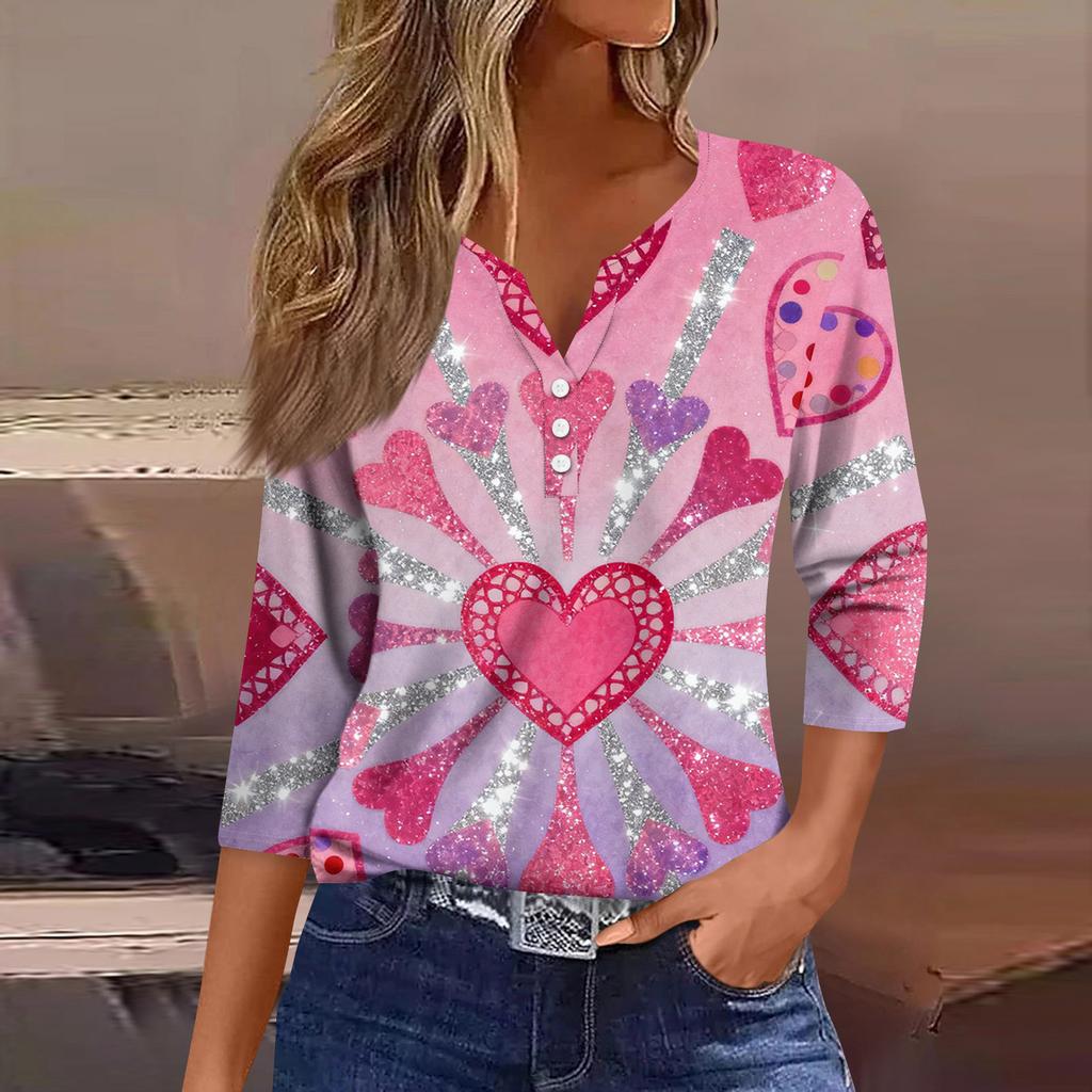 Women's Fashion Button-Up V-Neck Three-Quarter Sleeve Valentine's Day Print Top