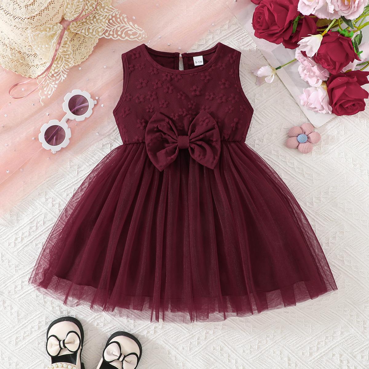 

Baby Girl Bow Front Tulle Dress, Embossed Floral Sleeveless Party Outfit for Toddlers 6-9M французские puce