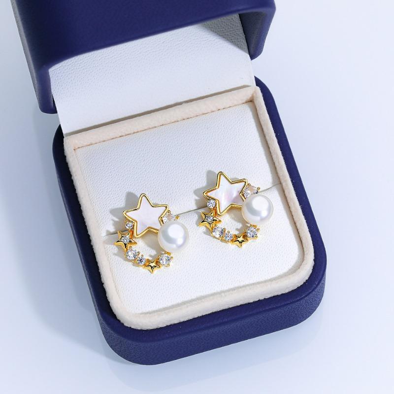 Natural Freshwater Pearl Stud Earrings S925 Sterling Silver Earrings Fritillary Zircon Pearl Earrings Light Luxury High Sense