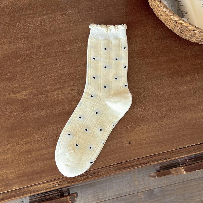 Ballet-style Socks for Women, Lace Mid-calf Socks, Autumn Sweet Bow Polka Dot Pile Socks for Women