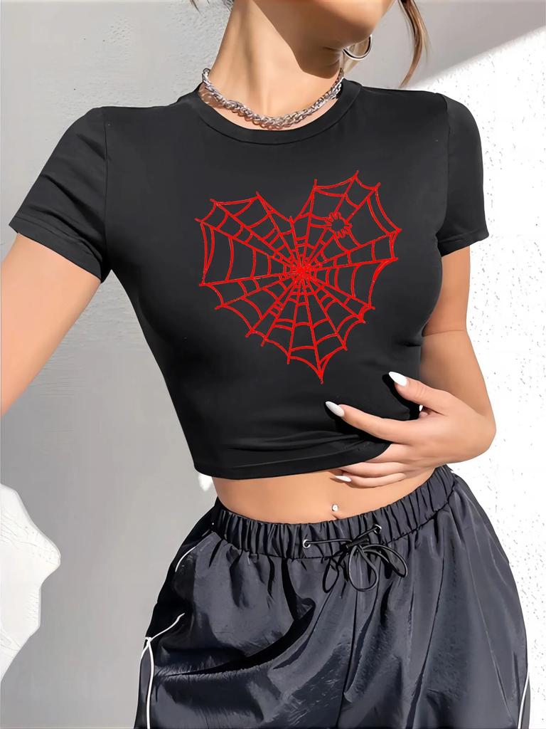 Spinnennetz-Print Harajuku-Ästhetik Damen-T-Shirt 90er Sommer Vintage Top Y2k T-Shirt