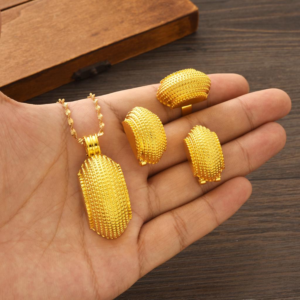 Eritrean Luxury Gold Color Zircon Sets For Women Ethiopian Pendant Earrings Ring Bracelet Africa Dubai Wedding Accessories Gift
