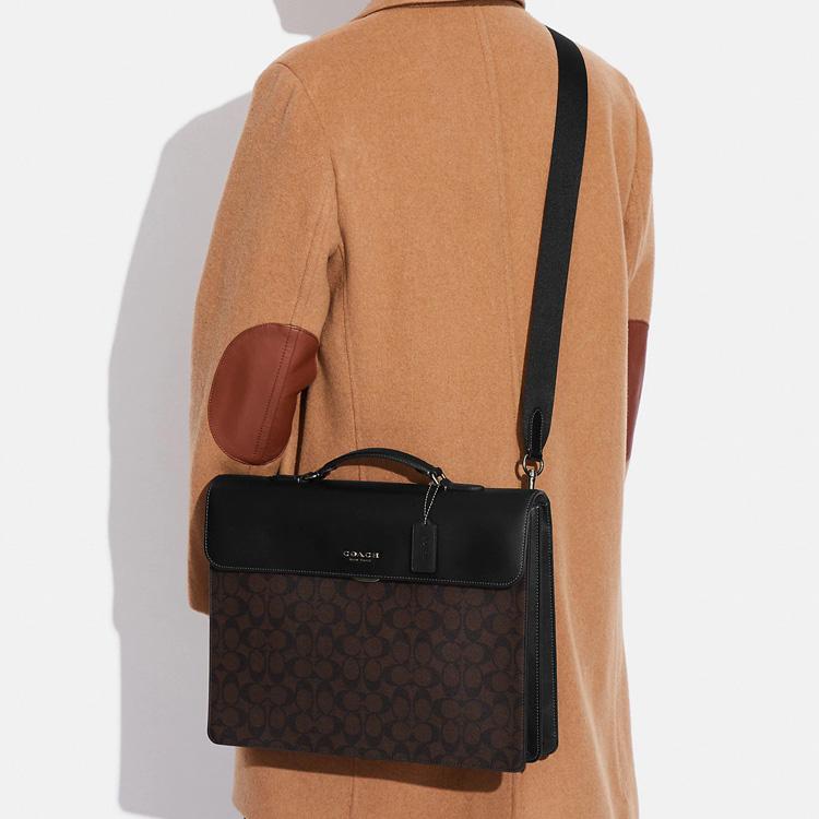 New COACH Graham Coated Canvas With Calfskin Handbag Briefcase Large Men's Black & Dark Khaki C9827-QBAE4