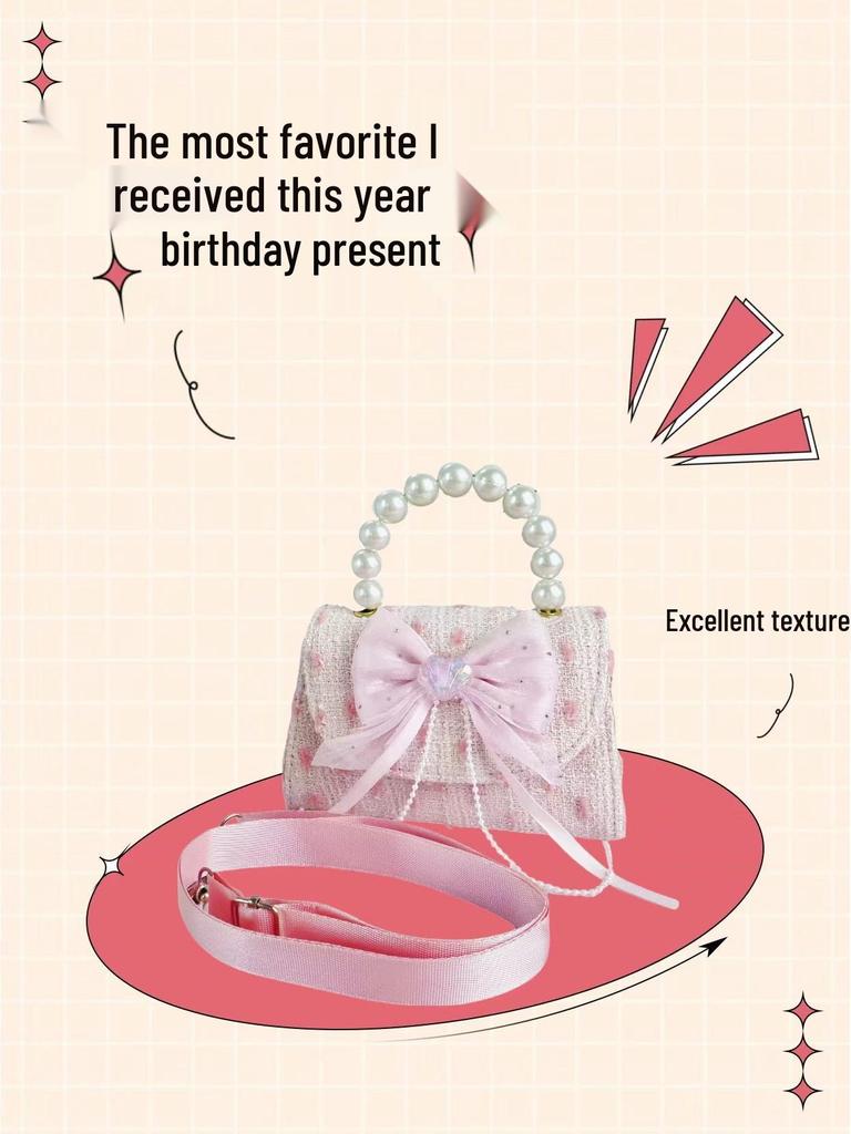 2025 Autumn Cute Girls' Crossbody Bag with Bow and Pearl Detail