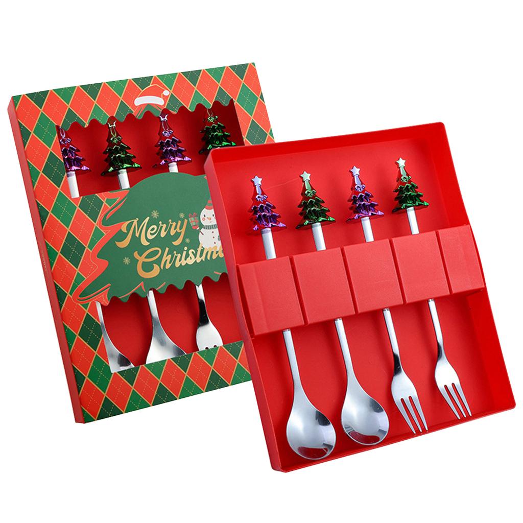 4Pcs Snowman Christmas Tree Cutlery Set Fork Spoon Dinnerware Set with Gift Box Stainless Steel Gold Flatware Party Tableware