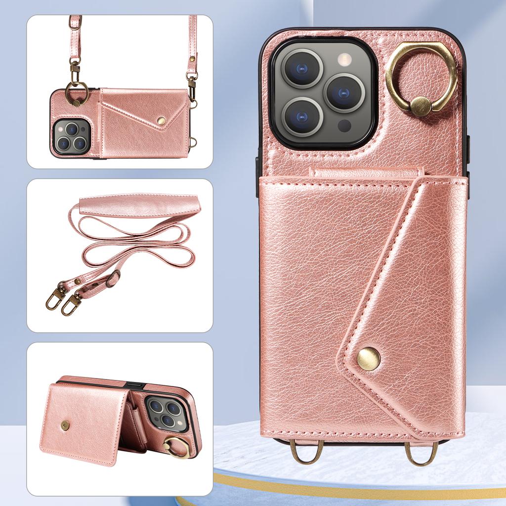 For iPhone 15 Series.for iPhone 15,15 Plus,15 Pro,15 Pro Max Shoulder Strap Rope Ring Bracket Design Card Holder Slots Lichee Pattern Cover Phone Case