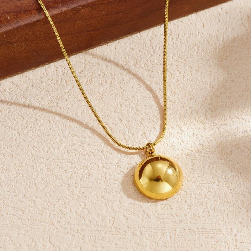 Gold Plated Stainless Steel Herringbone Chain Necklace with Round Dome Pendant for Women