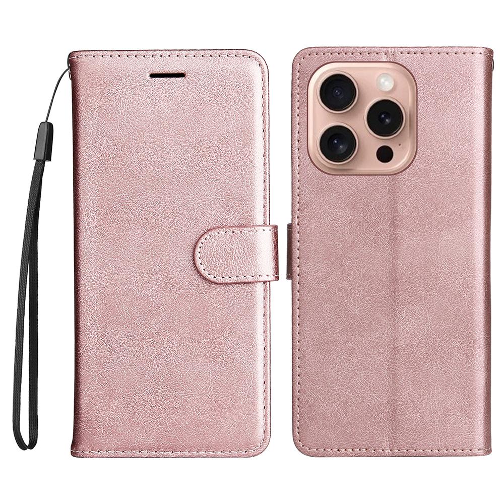 For iPhone 16 Pro Protective Case Solid Color Leather Mobile Cover Wallet Stand with Strap