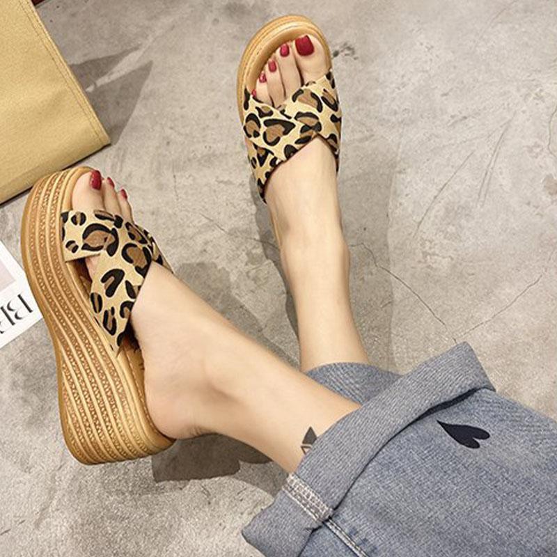 fashion Women Slippers Comfort Platform Chunky Sandal Cross Leopard Tartan Wedge Slip-on Beach Shoes Outdoor Slide Female Flip Flops