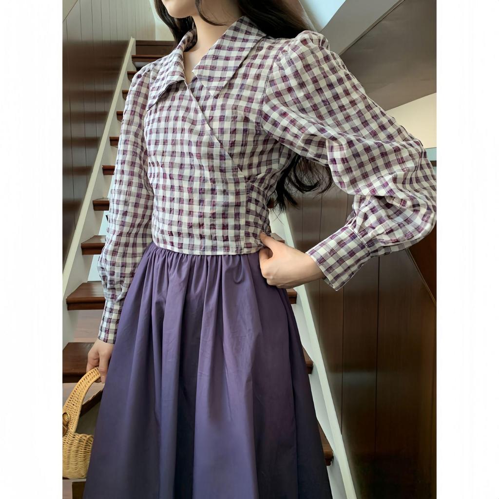 Interpret Beauty 2025 Early Spring French Retro Gingham Puff Sleeve Tie-Waist Women's Shirt