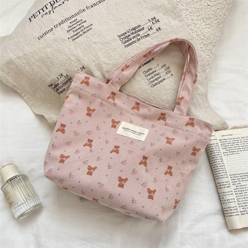 Corduroy Floral Handbag, Simple Tote Bag for Work, Lunch Bento Bag, Shopping Bag