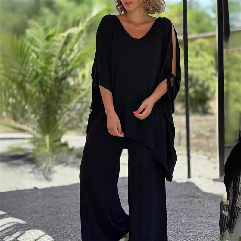 European And American Women's Two-piece Suit Women's Summer Lace-up V-neck Five-point Sleeves Loose Casual Solid Color Pants Wide-leg Suit