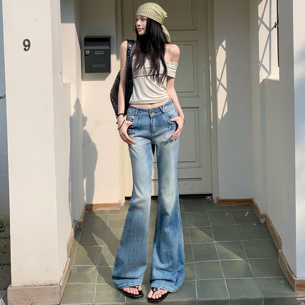 Light blue slightly pulled jeans women's summer new American Spice Girl low-rise elastic and thin versatile bell pants
