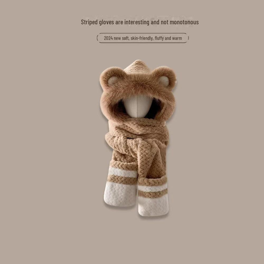 2024 Women's Red Angora Bear Hat with Thick Winter Scarf & Gloves