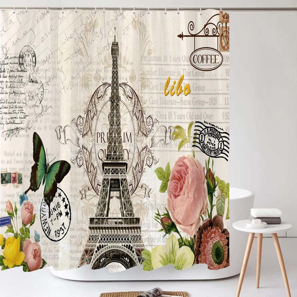 Retro Pariser Turm und Blumen Duschvorhang Druck Modern Nordisch Minimalistisch Polyster Heimdekor Badezimmervorhang mit Haken