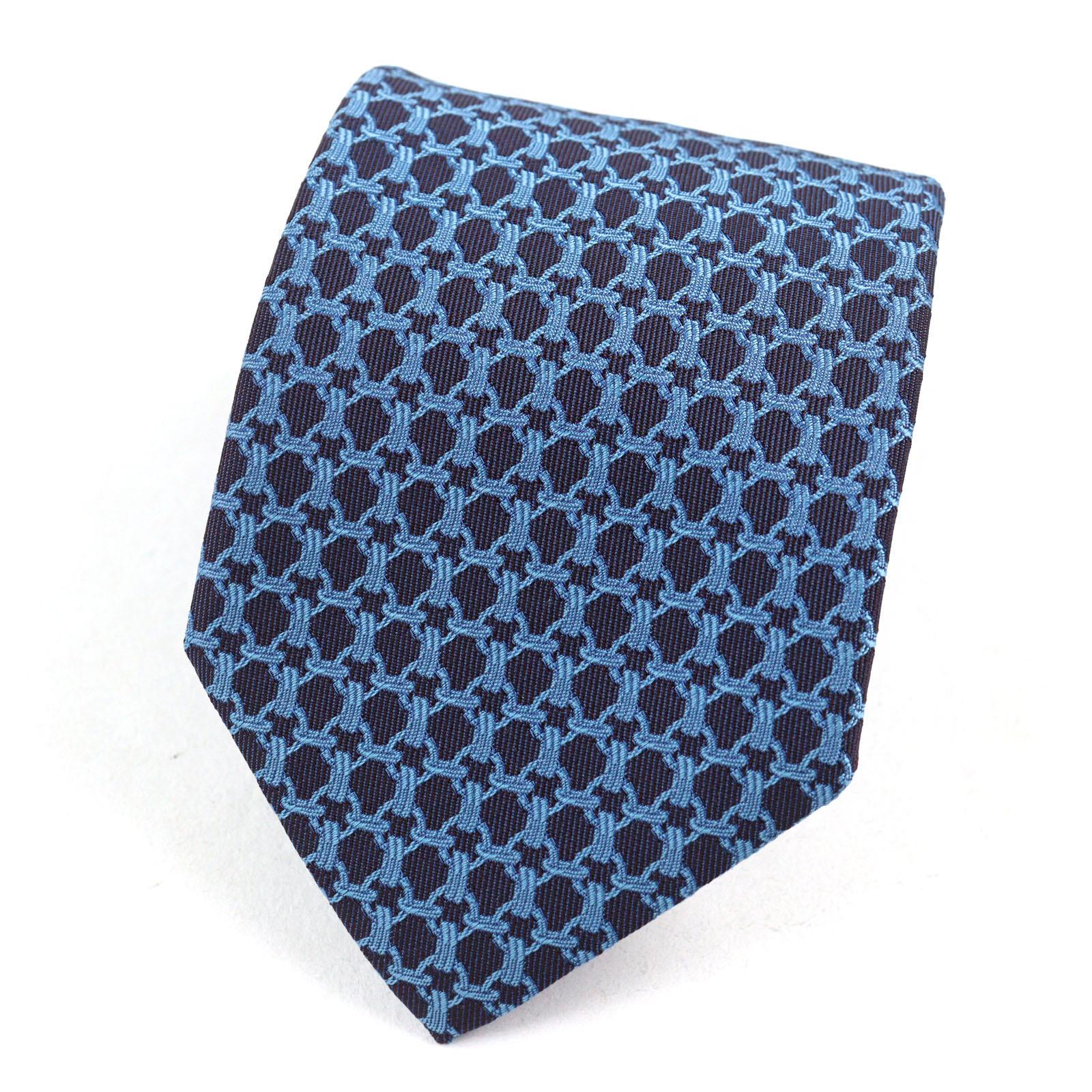Excellent HERMES tie CRAVATE All-over print, H logo on lining Blue navy silk Used