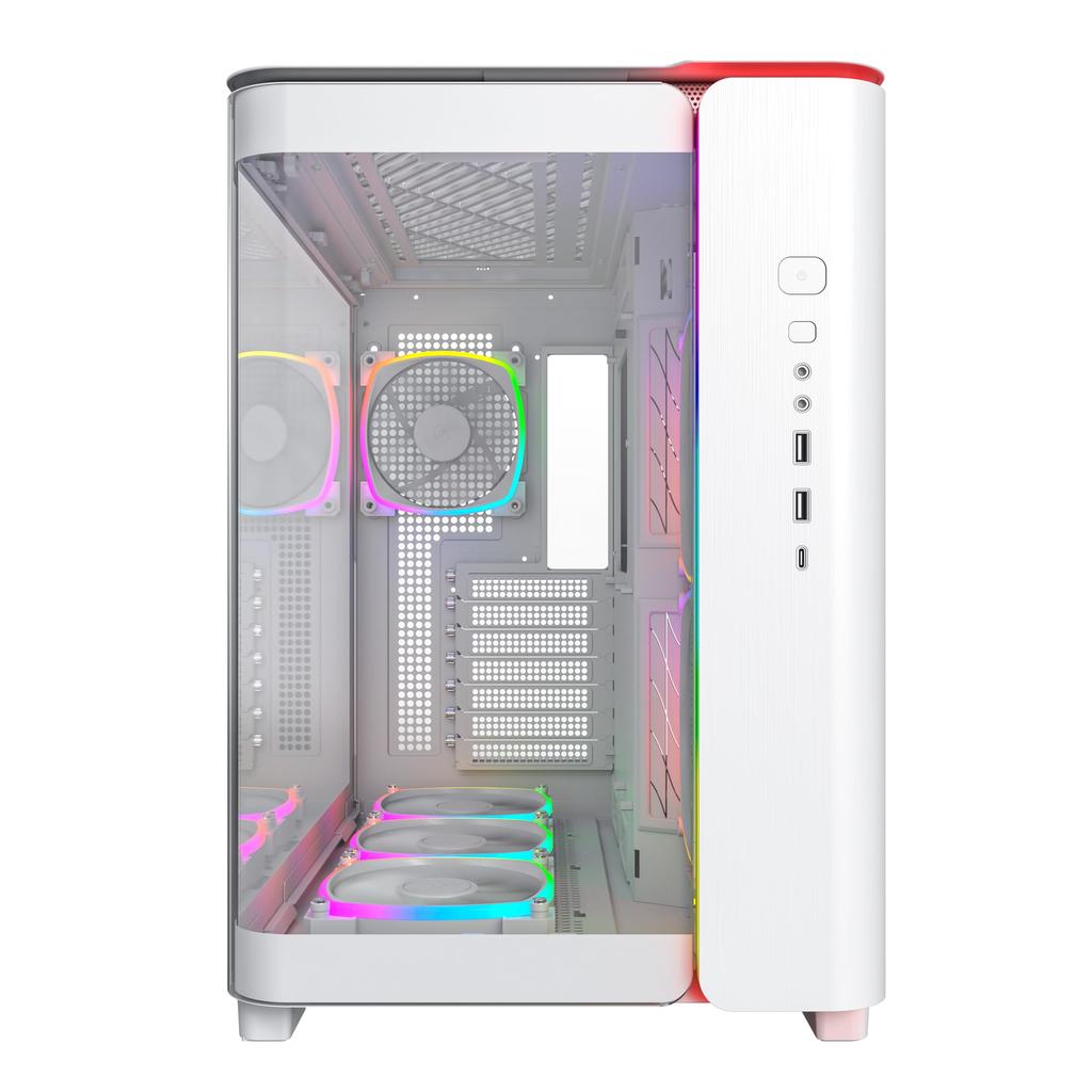 MONTECH King 95 PRO Dual-Chamber-ATX-PC-Gaming-Gehäuse, High-Airflow-Panel, stabile, gebogene Front aus gehärtetem Glas, 6 ARGB-PWM-Lüfter mit Lüfternabe, weißer Mid-Tower