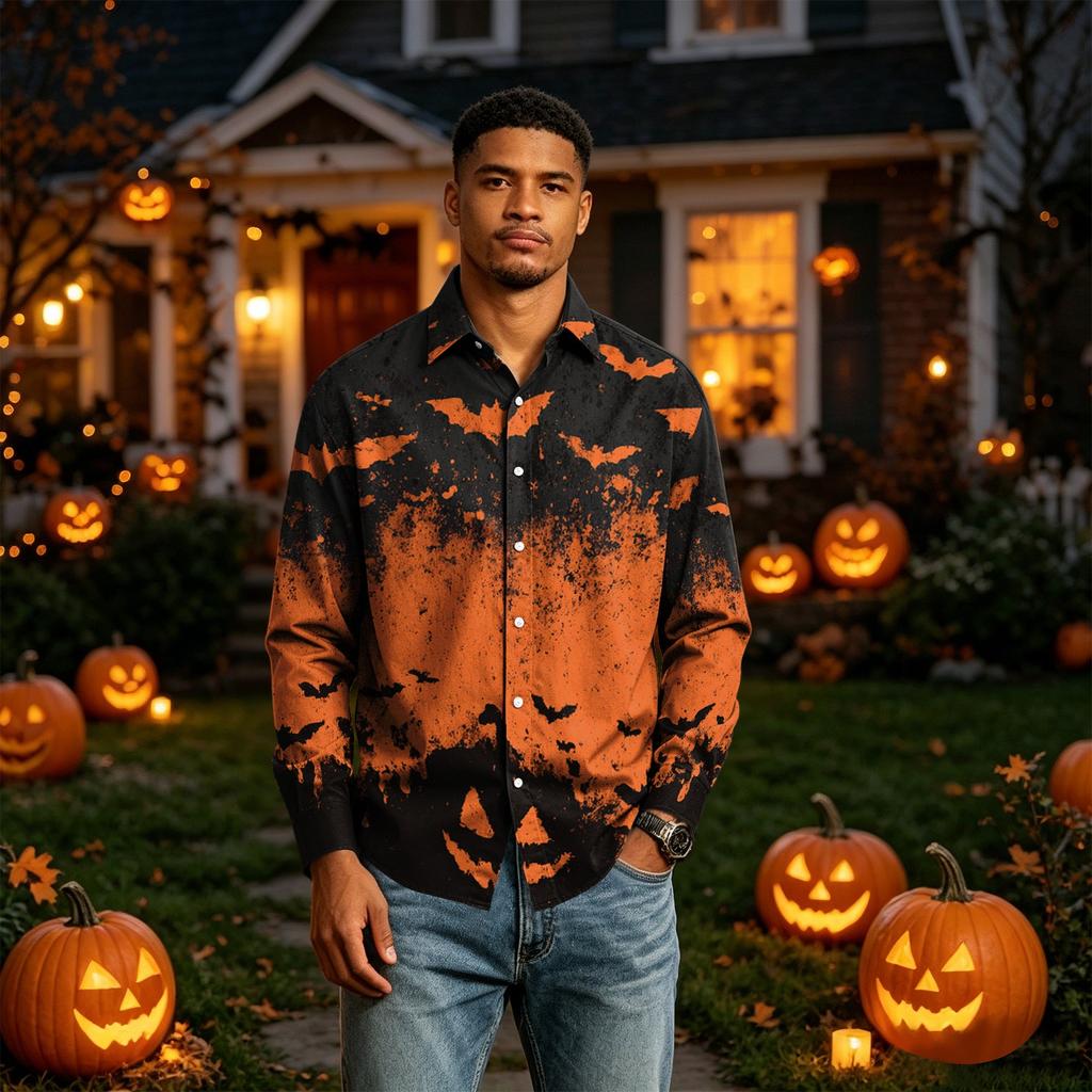 Men's Long Sleeve Button Down Halloween Print Shirt