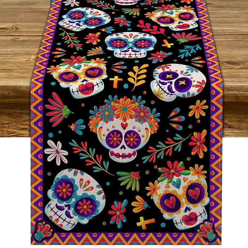 

Mexican Day of The Dead Halloween Decoration 2025 Halloween Table Runner Party Tablecloth Wedding Desktop Decor Room Decor 33x183cm