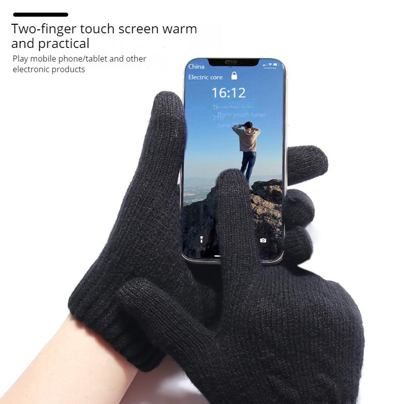 Black knitted winter warm gloves with fleece and thickened lining, fashionable and warm