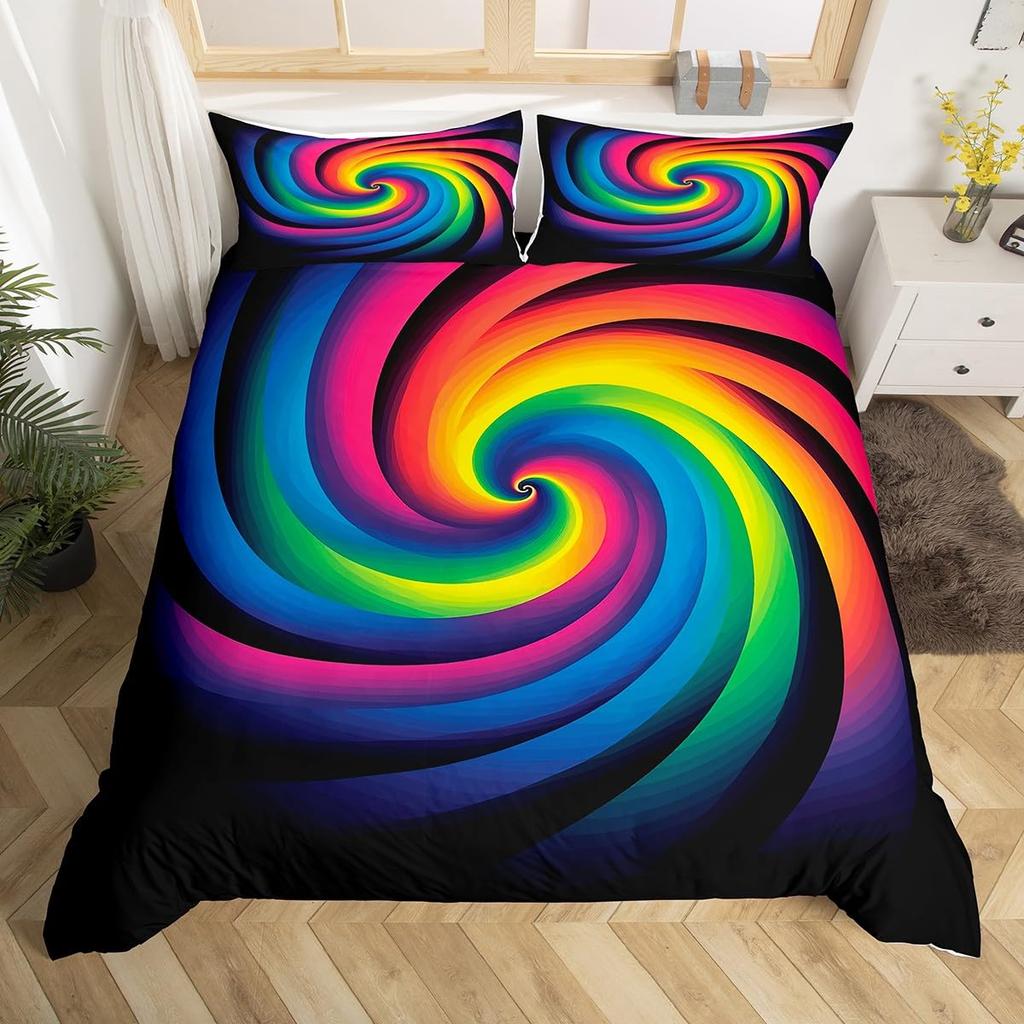 Visual Space Bedding Set Colorful Art Comforter Cover Rainbow Gradient Duvet Cover Optical Illusion Bedspread Cover Full King