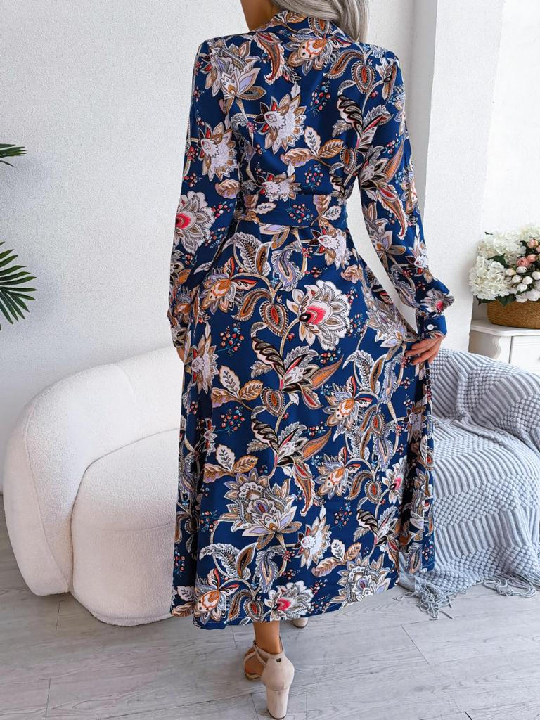 Turndown Collar Print Flower Button Dress High Waist Elegant  Shirt Dress for Women Long Sleeve Loose Dresses Causal Dress
