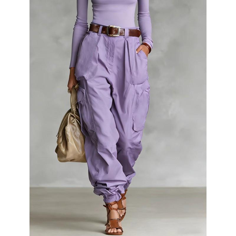 Street Style High Waist Cargo Pants Loose Wide Leg Trousers No Stretch Regular Thickness