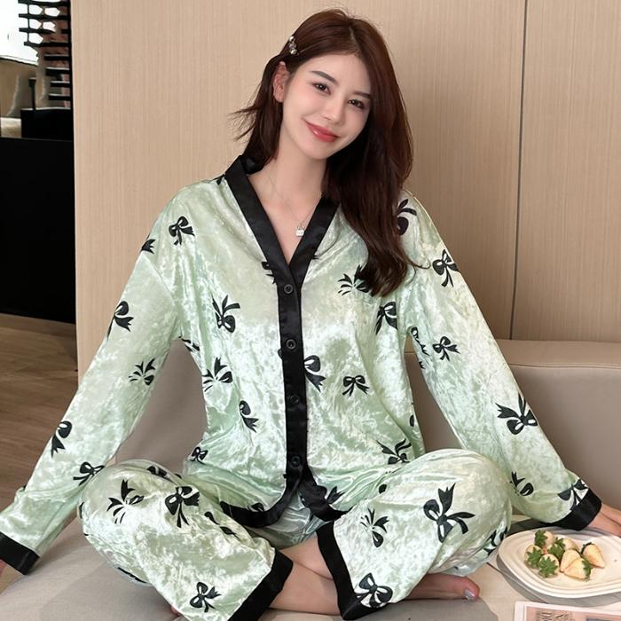 

Флисовая пижама French Ins Fresh Mint Bow Print Women Fashion Trend Elegant Female Homewear New Fall/Winter Sleepwear Y2k XXL